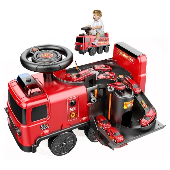 2-in-1-Elektroauto mit Batterieantrieb, Abenteuer-Kinderauto, Spielzeug-Feuerwehrauto mit Parkplatzspielzeug